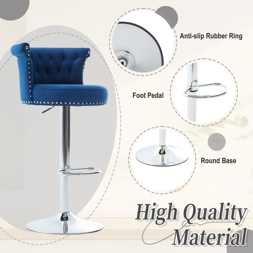 Velvet Bar Stool Set of 2, Adjustable Swivel Bar Stools with Silver
